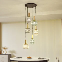 Lindby hengelampe Doroteo, 6 lyskilder, grønn/amber/grå, glass