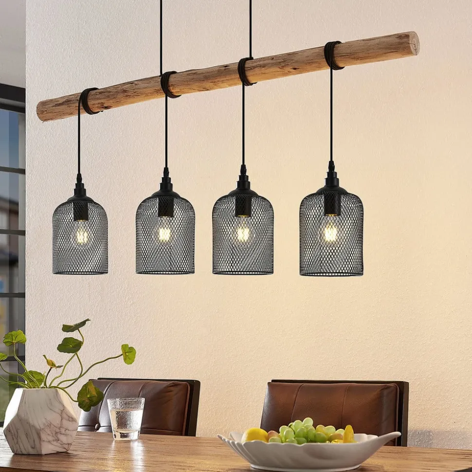 Lindby hengelampe Elrond, 116 cm, svart, 4 lyskilder, tre