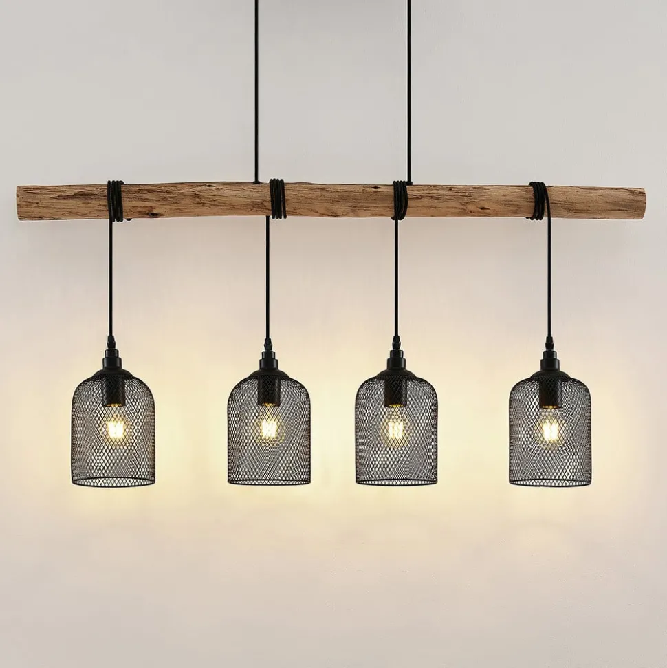 Lindby hengelampe Elrond, 116 cm, svart, 4 lyskilder, tre