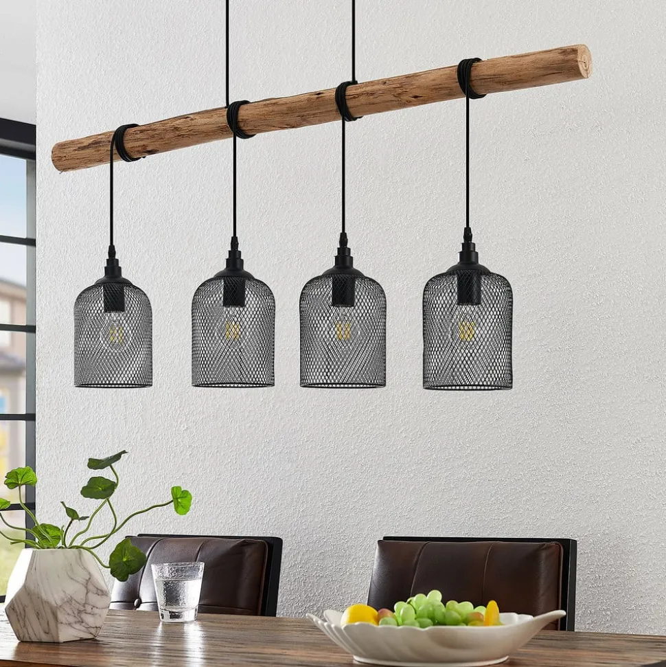 Lindby hengelampe Elrond, 116 cm, svart, 4 lyskilder, tre