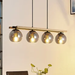 Lindby hengelampe Enrique, smoke, 4 lyskilder, glass, tre, E27