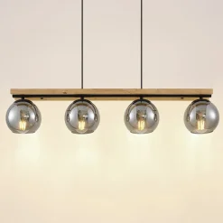 Lindby hengelampe Enrique, smoke, 4 lyskilder, glass, tre, E27