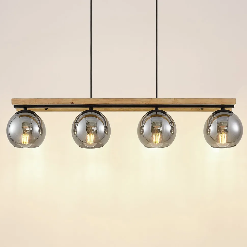Lindby hengelampe Enrique, smoke, 4 lyskilder, glass, tre, E27