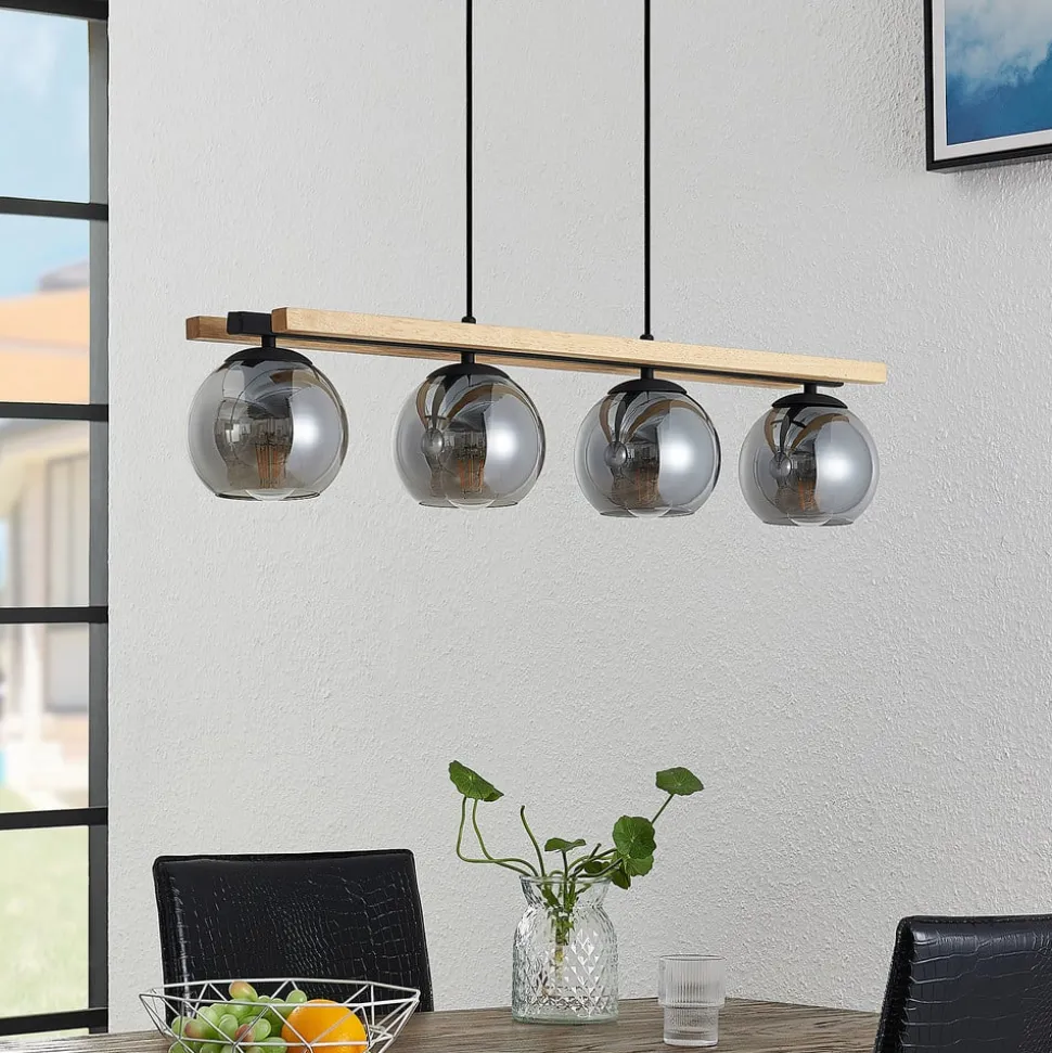 Lindby hengelampe Enrique, smoke, 4 lyskilder, glass, tre, E27