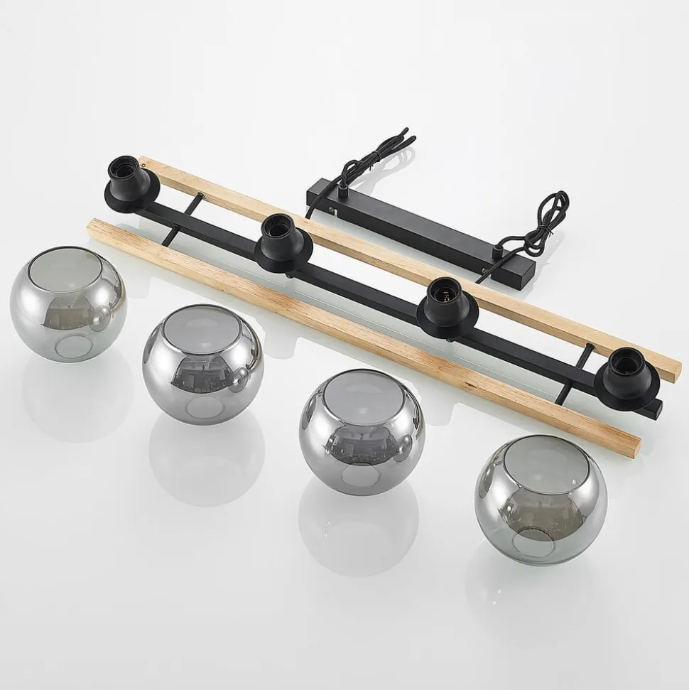 Lindby hengelampe Enrique, smoke, 4 lyskilder, glass, tre, E27