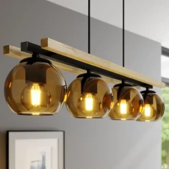 Lindby hengelampe Enrique, rav, 4 lyskilder, glass, tre, E27