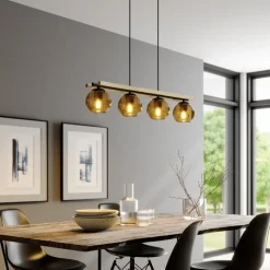 Lindby hengelampe Enrique, rav, 4 lyskilder, glass, tre, E27