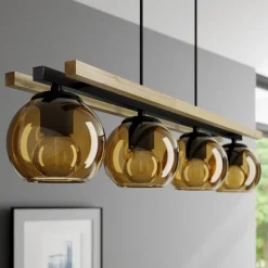 Lindby hengelampe Enrique, rav, 4 lyskilder, glass, tre, E27