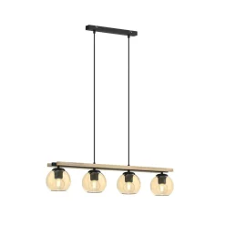 Lindby hengelampe Enrique, rav, 4 lyskilder, glass, tre, E27