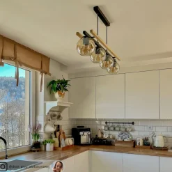 Lindby hengelampe Enrique, rav, 4 lyskilder, glass, tre, E27