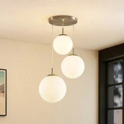 Lindby hengelampe Heleska, hvit, glass, 3 lyskilder, Ø 47cm