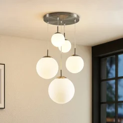 Lindby hengelampe Heleska, hvit, glass, 5 lyskilder, Ø 50 cm