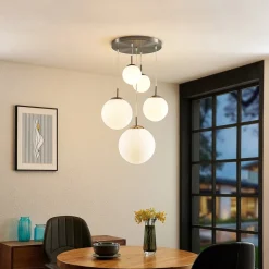 Lindby hengelampe Heleska, hvit, glass, 5 lyskilder, Ø 50 cm