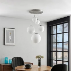 Lindby hengelampe Heleska, hvit, glass, 5 lyskilder, Ø 50 cm