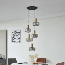 Lindby hengelampe Hildur, 5 lyskilder, røykgrå, glass