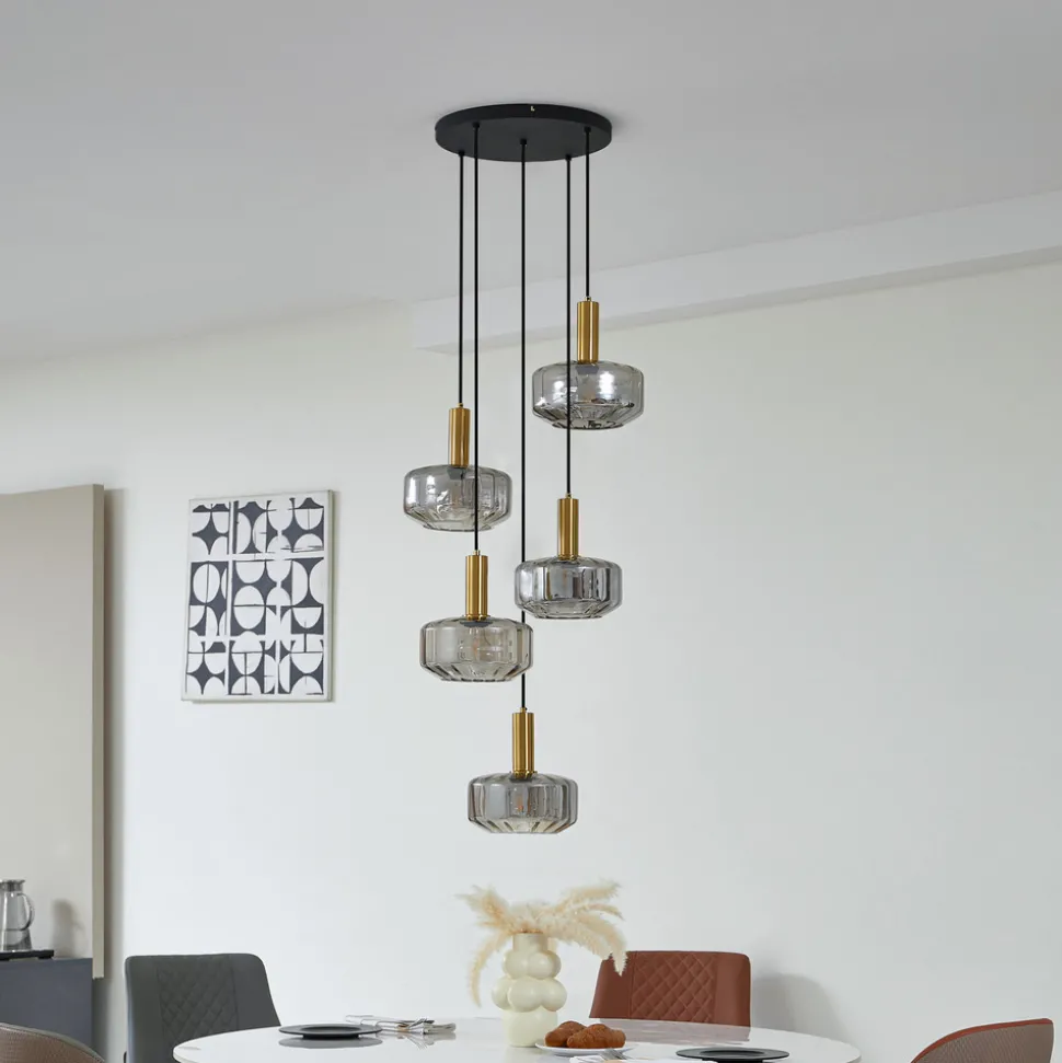 Lindby hengelampe Hildur, 5 lyskilder, røykgrå, glass