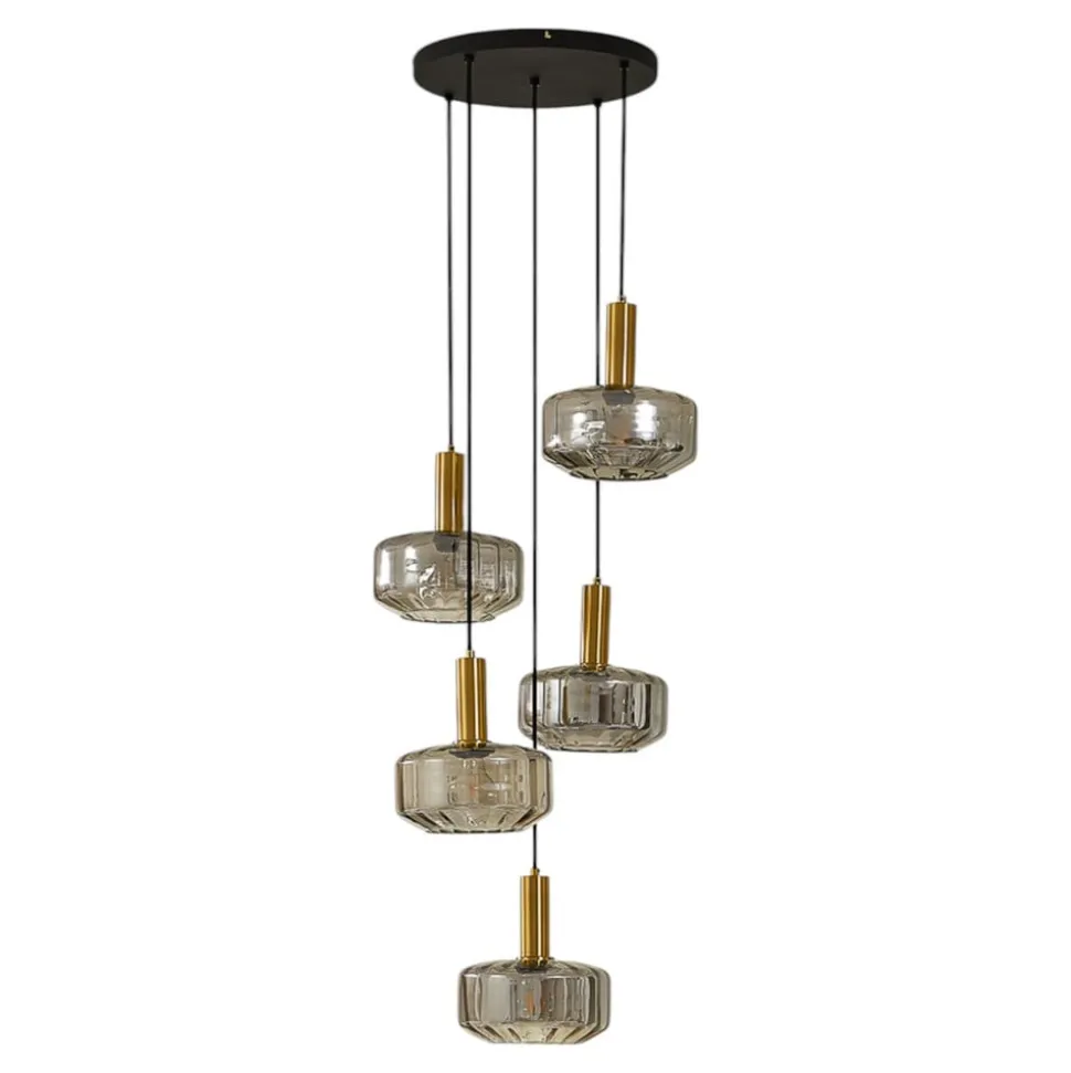 Lindby hengelampe Hildur, 5 lyskilder, røykgrå, glass