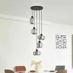 Lindby hengelampe Hildur, Ø 35 cm, røykgrå, glass, E27