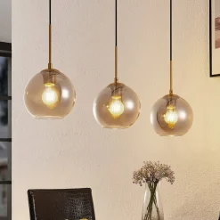 Lindby hengelampe Hiwana, røykgrå, glass, 3 lyskilder