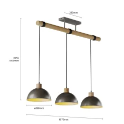 Lindby hengelampe Holgar, grå, 3 lyskilder, tre, metall, E27