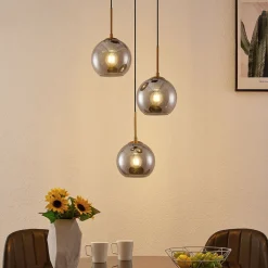 Lindby hengelampe Jurian, 32 cm, 3 lyskilder, bronse, røyk, glass