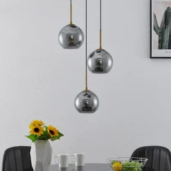 Lindby hengelampe Jurian, 32 cm, 3 lyskilder, bronse, røyk, glass
