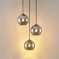 Lindby hengelampe Jurian, 32 cm, 3 lyskilder, bronse, røyk, glass