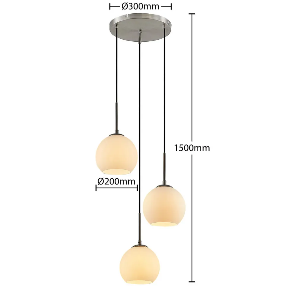 Lindby hengelampe Jurian, Ø 32 cm, 3 lyskilder, nikkel/opal, glass