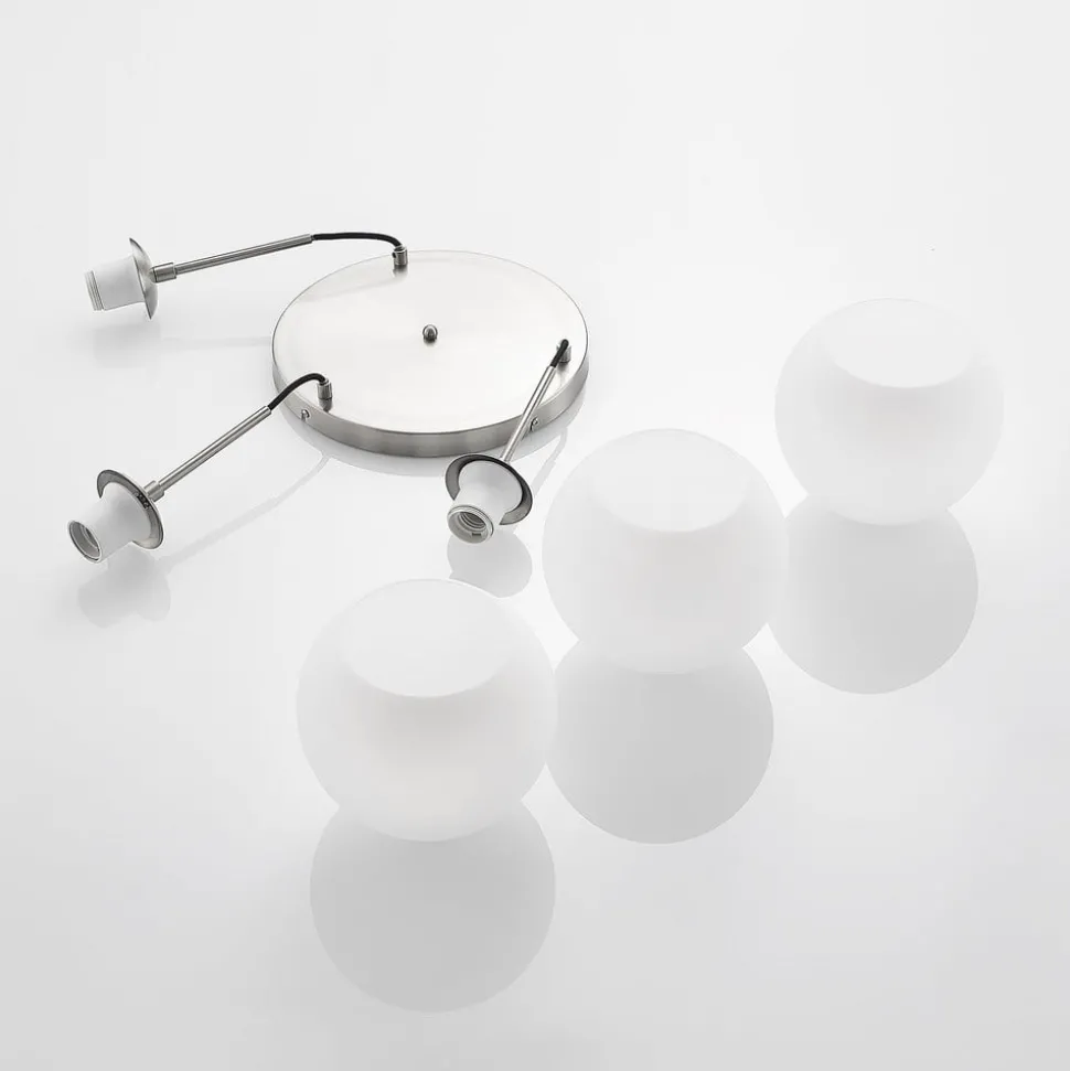 Lindby hengelampe Jurian, Ø 32 cm, 3 lyskilder, nikkel/opal, glass