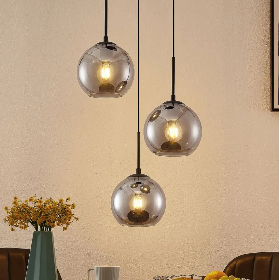 Lindby hengelampe Jurian, 32 cm, 3 lyskilder, svart/røyk, glass