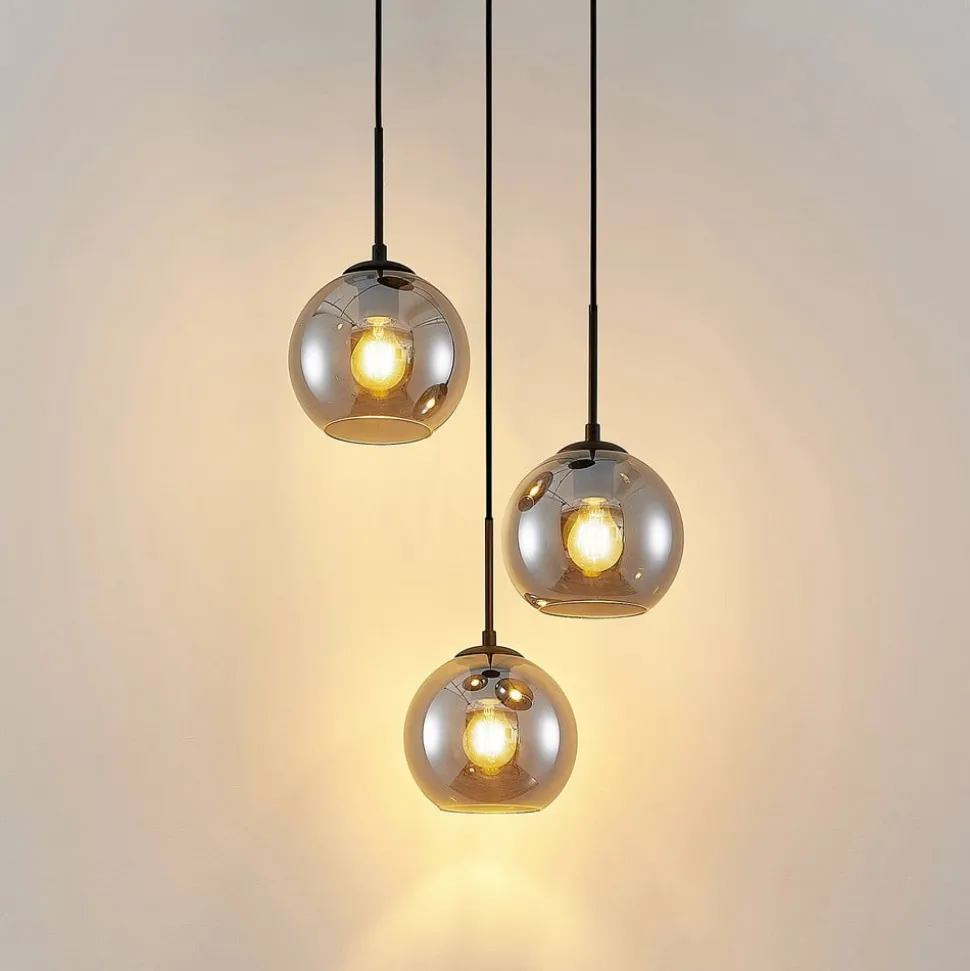 Lindby hengelampe Jurian, 32 cm, 3 lyskilder, svart/røyk, glass