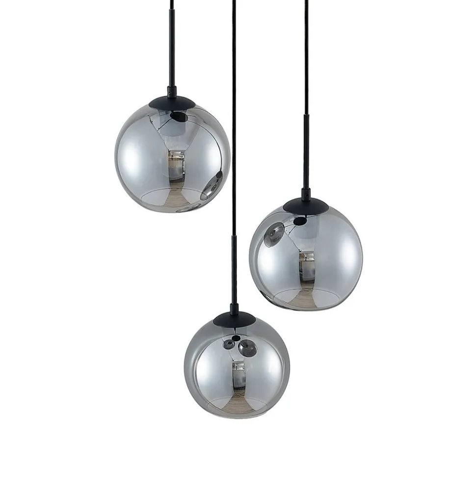 Lindby hengelampe Jurian, 32 cm, 3 lyskilder, svart/røyk, glass