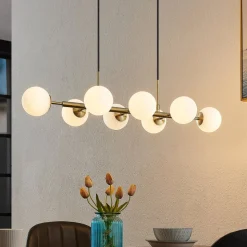 Lindby hengelampe Kiamo, 83 cm, messing, hvit, glass, G9