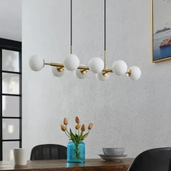 Lindby hengelampe Kiamo, 83 cm, messing, hvit, glass, G9