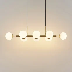 Lindby hengelampe Kiamo, 83 cm, messing, hvit, glass, G9