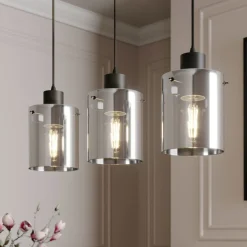 Lindby hengelampe Kourtney, 3 lyskilder, svart/grå, glass, E27