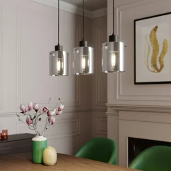Lindby hengelampe Kourtney, 3 lyskilder, svart/grå, glass, E27