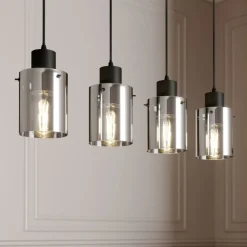 Lindby hengelampe Kourtney, 4 lyskilder, svart/grå, glass, E27