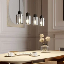 Lindby hengelampe Kourtney, 4 lyskilder, svart/grå, glass, E27