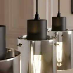 Lindby hengelampe Kourtney, 4 lyskilder, svart/grå, glass, E27