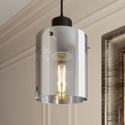 Lindby hengelampe Kourtney, Ø 15 cm, svart/grå, glass, E27