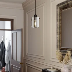 Lindby hengelampe Kourtney, Ø 15 cm, svart/grå, glass, E27