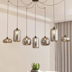 Lindby hengelampe Marla, 7 lyskilder, glass, røykgrå, 128 cm