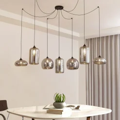 Lindby hengelampe Marla, 7 lyskilder, glass, røykgrå, 128 cm