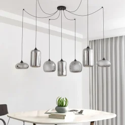 Lindby hengelampe Marla, 7 lyskilder, glass, røykgrå, 128 cm