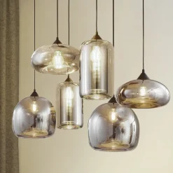 Lindby hengelampe Marla, 6 lyskilder, glass, røykgrå, 108 cm