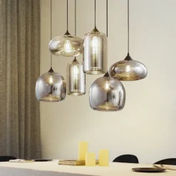 Lindby hengelampe Marla, 6 lyskilder, glass, røykgrå, 108 cm