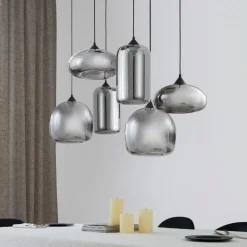 Lindby hengelampe Marla, 6 lyskilder, glass, røykgrå, 108 cm