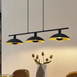 Lindby hengelampe Narisara, 118 cm, E14, 3 lyskilder, svart-gull