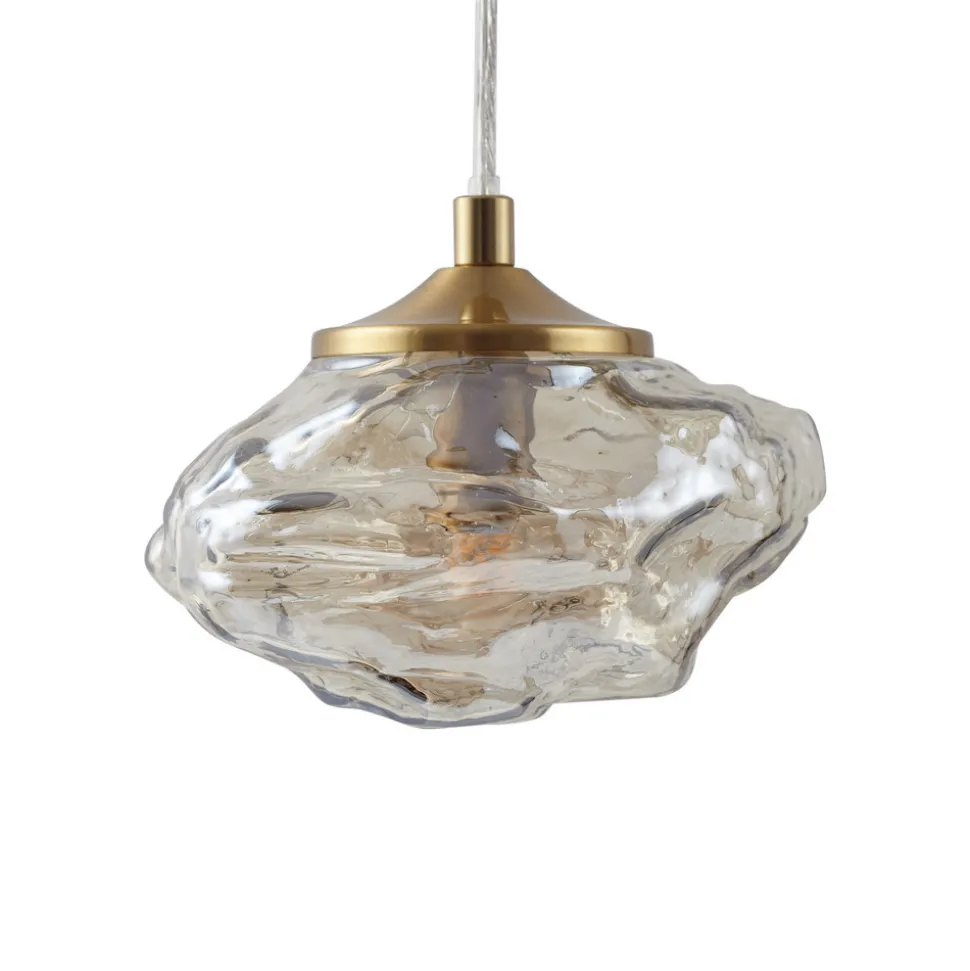 Lindby hengelampe Piatra, Ø45cm, 5 lyskilder, cognac/messing, glass